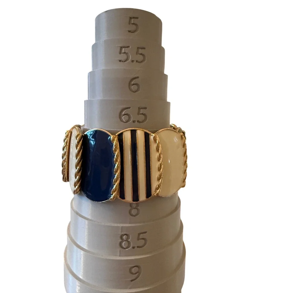 VTG Nautical Navy Blue Cream Enamel Gold Tone Striped Stretch Statement Bracelet